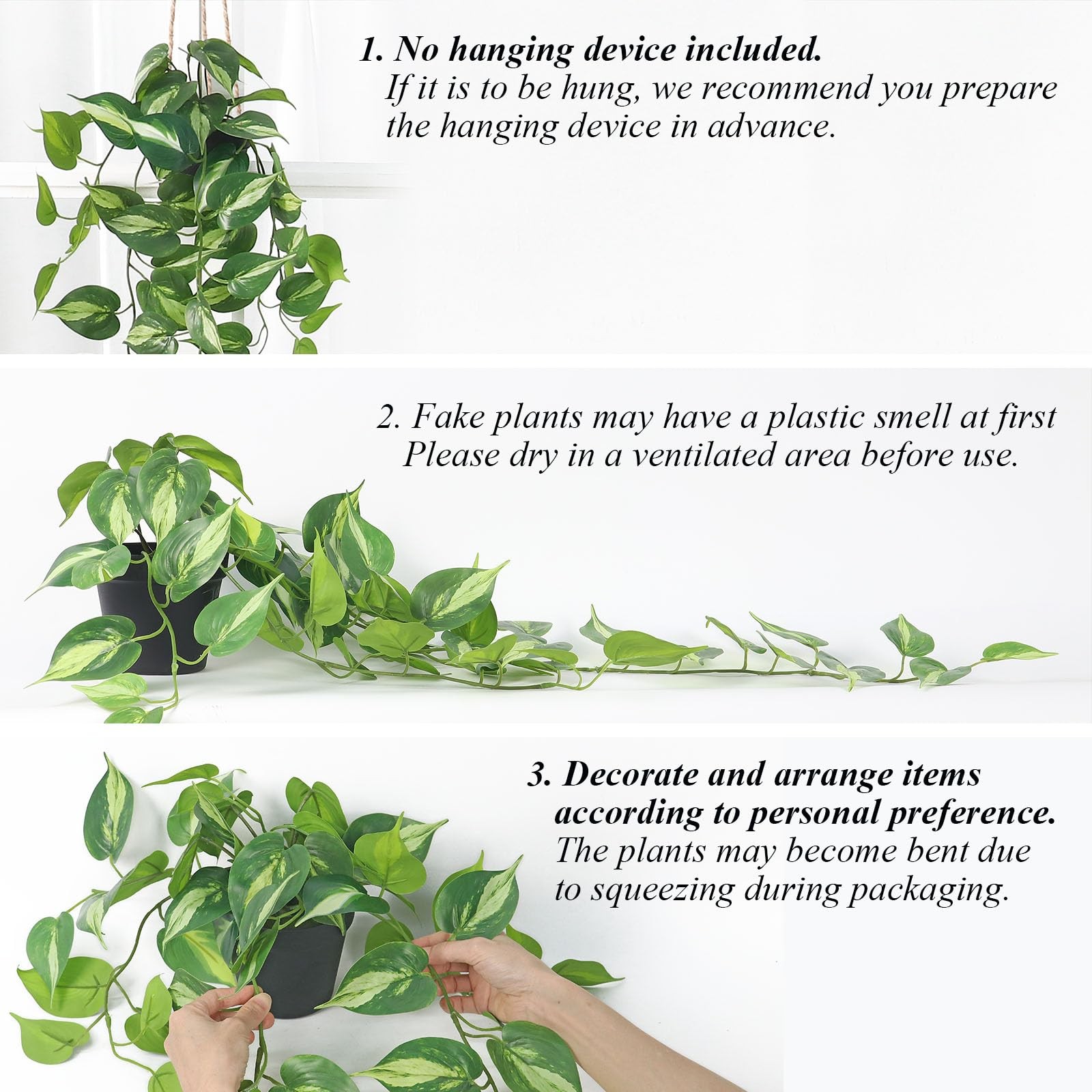 Fake Pothos Hanging Plants Artificial Ivy Vines with Pots – Realistic Indoor …