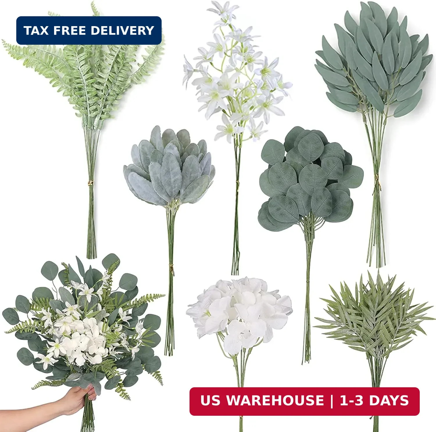 FOTEEWL 70 Pcs Artificial Greenery Stems Box Set,with 7 Kinds of Faux Plants and