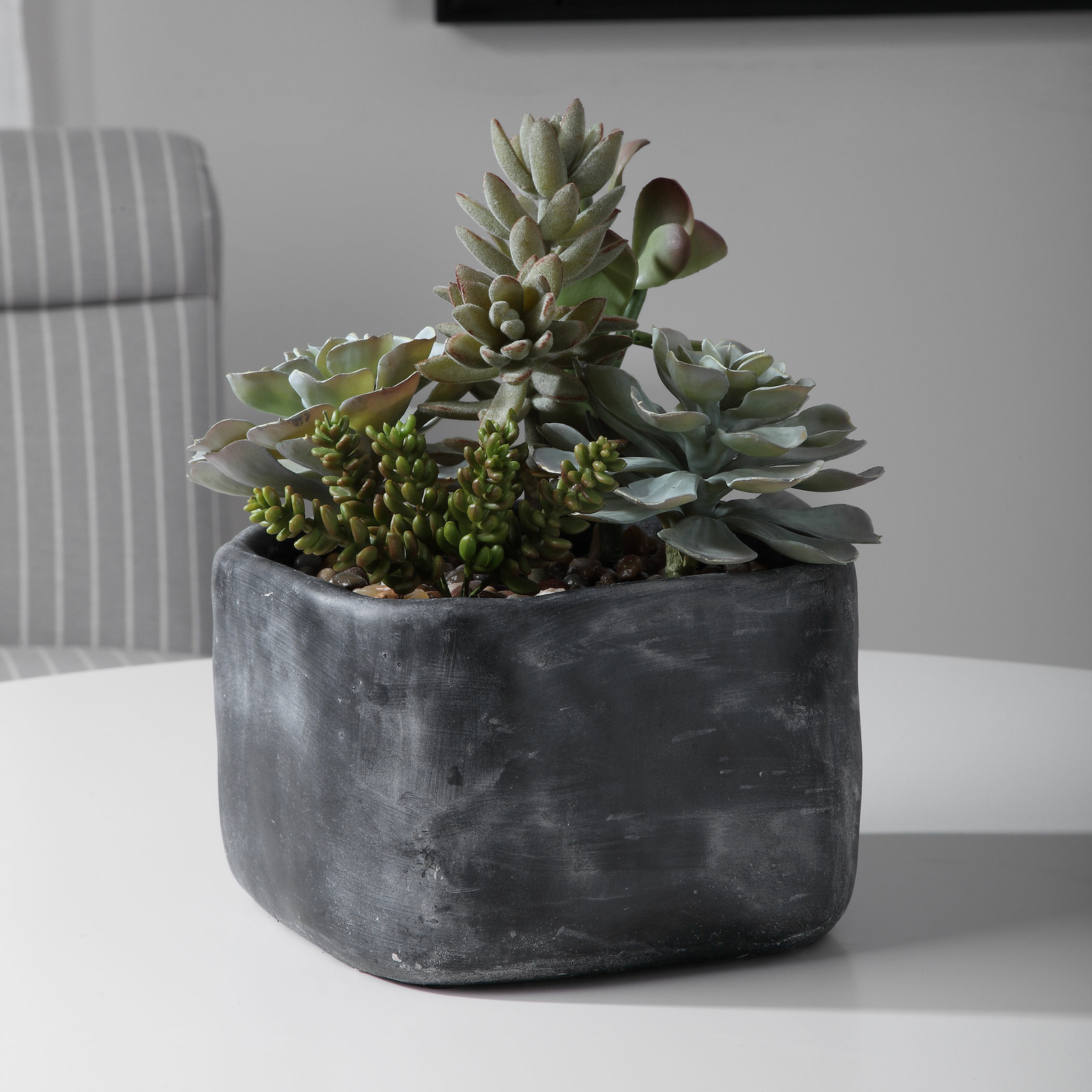 Contemporary Large Desert Succulent Faux Floral Charcoal Gray Concrete Planter