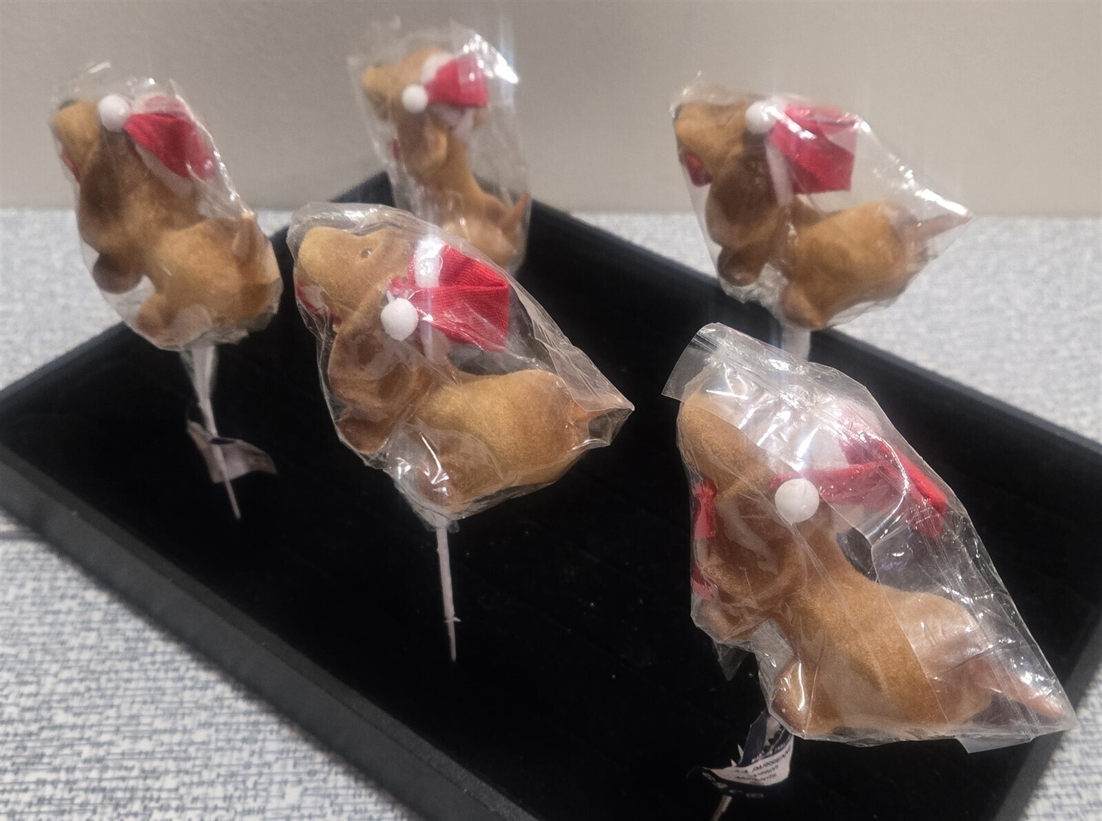 Vtg LOT of 5 Small FLOCKED DOG Wearing SANTA HAT Floral PICKS Christmas NOS