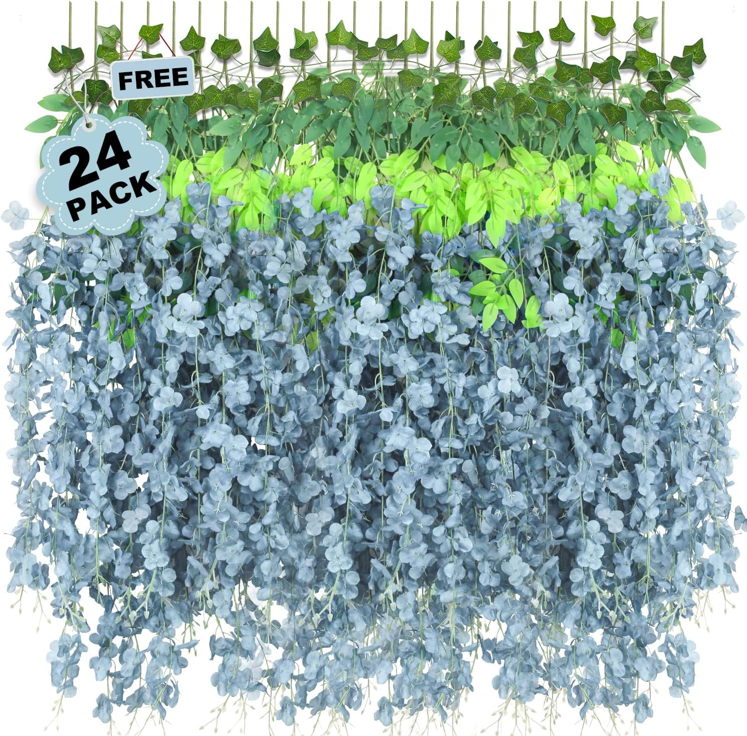 25 Pcs Artificial Wisteria Hanging Flowers 3.6Ft Dusty Blue Fake Hanging Flowers
