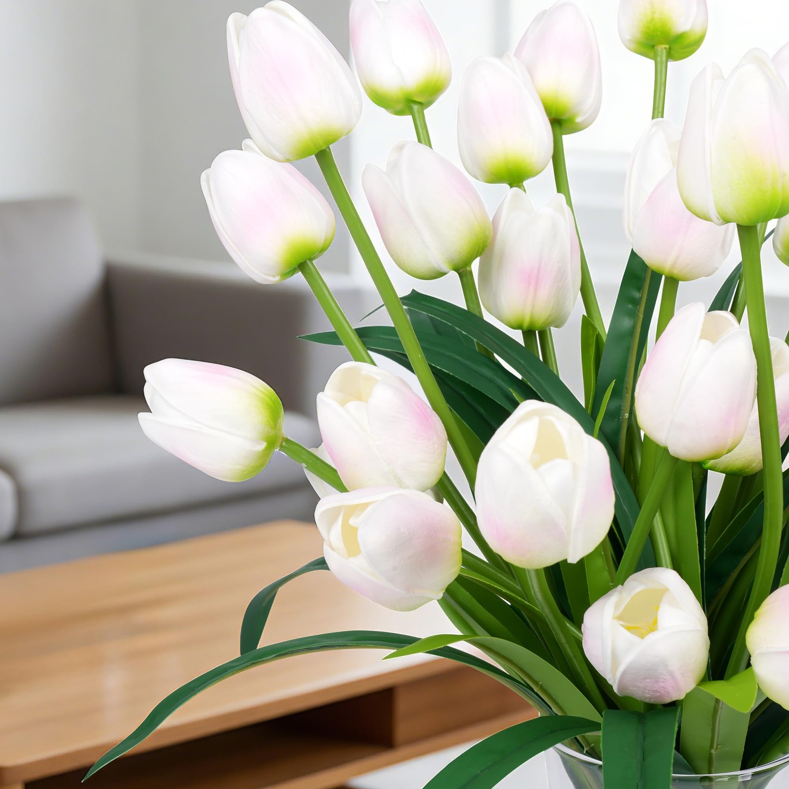 Large Pink And White Imitation Tulip Artificial Flowers Decor 18.9 Inch 30 PCS