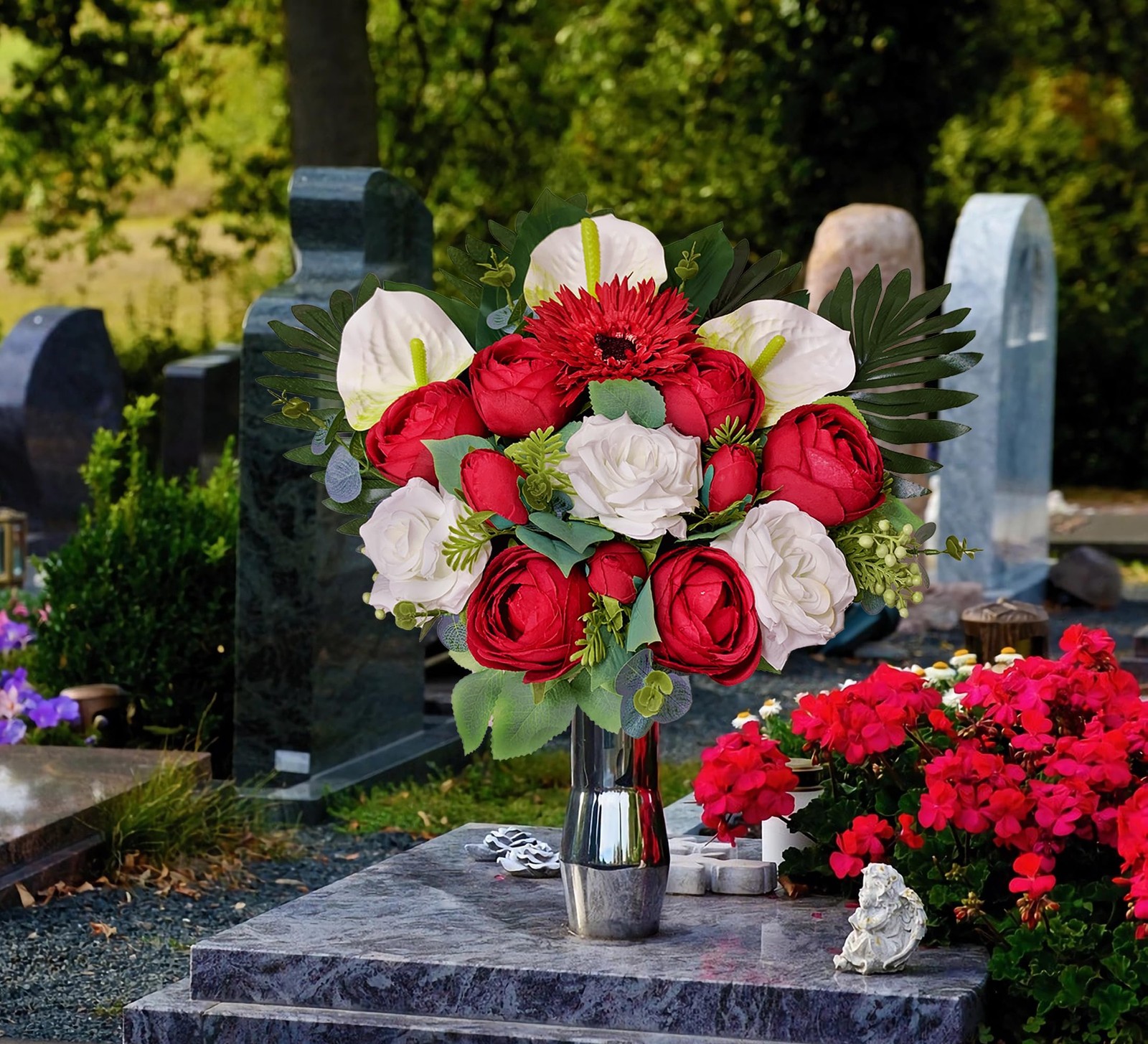Artificial Cemetery Flowers Grave Memorial Bouquet Red Camellia White Rose Vase