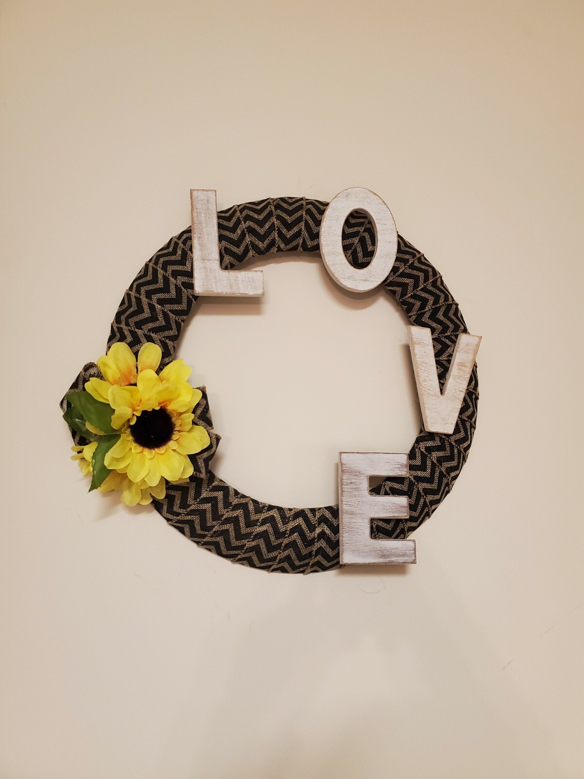 LOVE wreath FLOWERS Sunflowers black beige burlap FALL autumn Decor Front Door