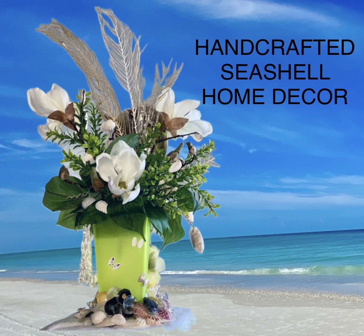 Seashell 23” Floral Arrangement, Sea Shell Vase, Flowers, Nautical, Flowers