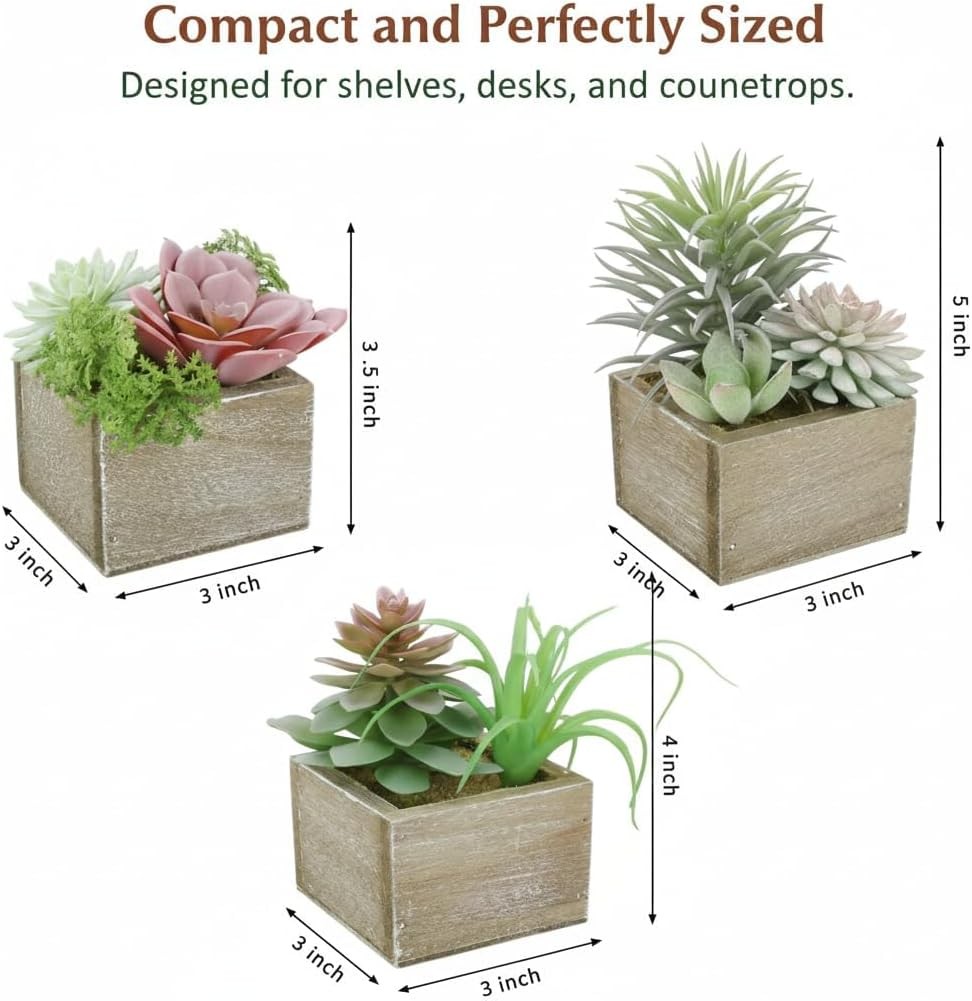Succulent Plants Artificial, 3 Pack Small Fake Plants in Wood Pot for Home Decor