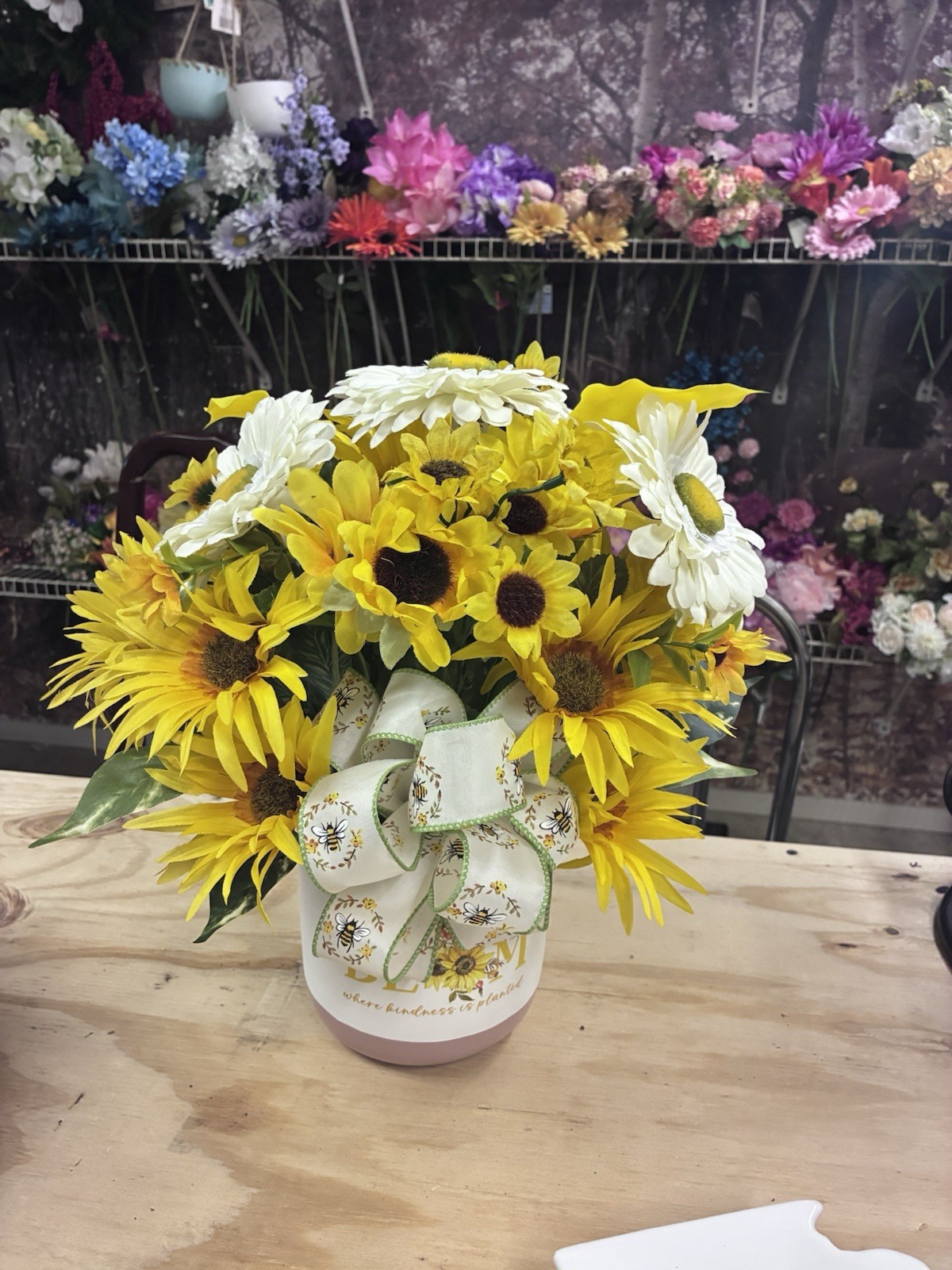 Sunflower & White Daisy Floral Arrangement Centerpiece w/ Bee Ribbon, Container