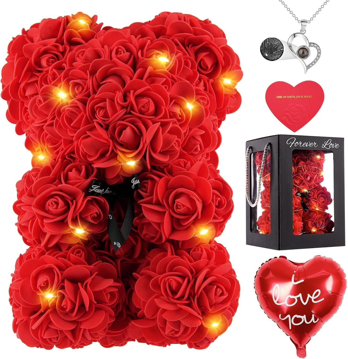 Rose Bear 10 Inch Red Flower Teddy Bear with Lights Box I Love You Necklace Card