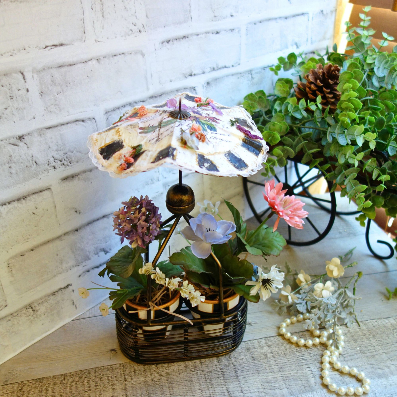 Black White Checked Flower Pot Floral Arrangement French Country Decor
