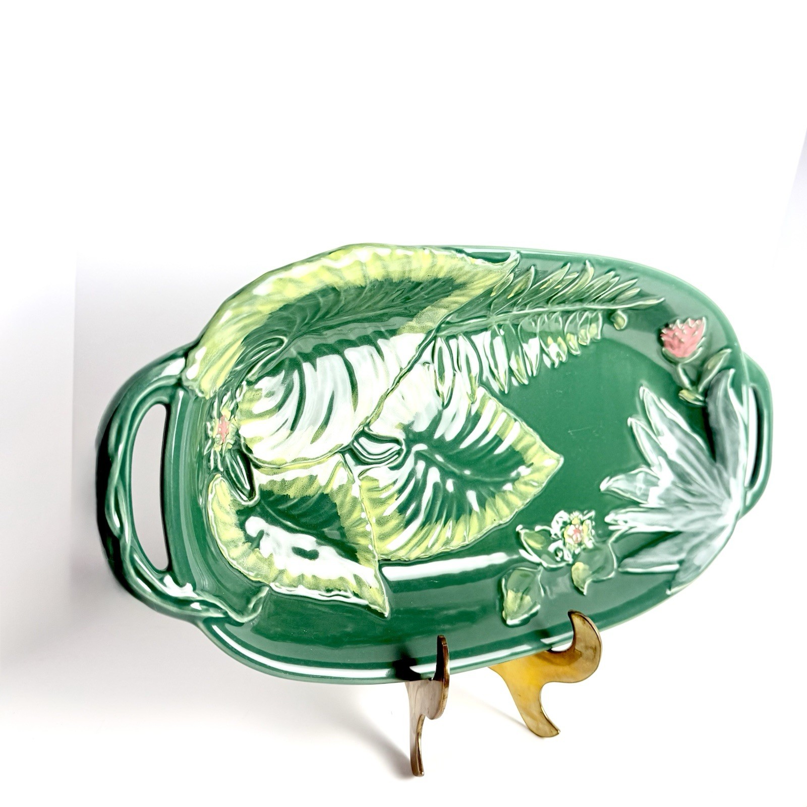 Opalhouse MAIOLICA STONEWARE GREEN LEAF FLORAL Decorative Tray 18″X9″ Handles