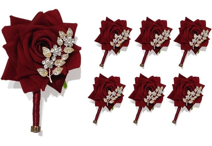 YIFU Wedding Velvet Rose Groom’s & Best Man’s Corsage Set – 6 Red New E2