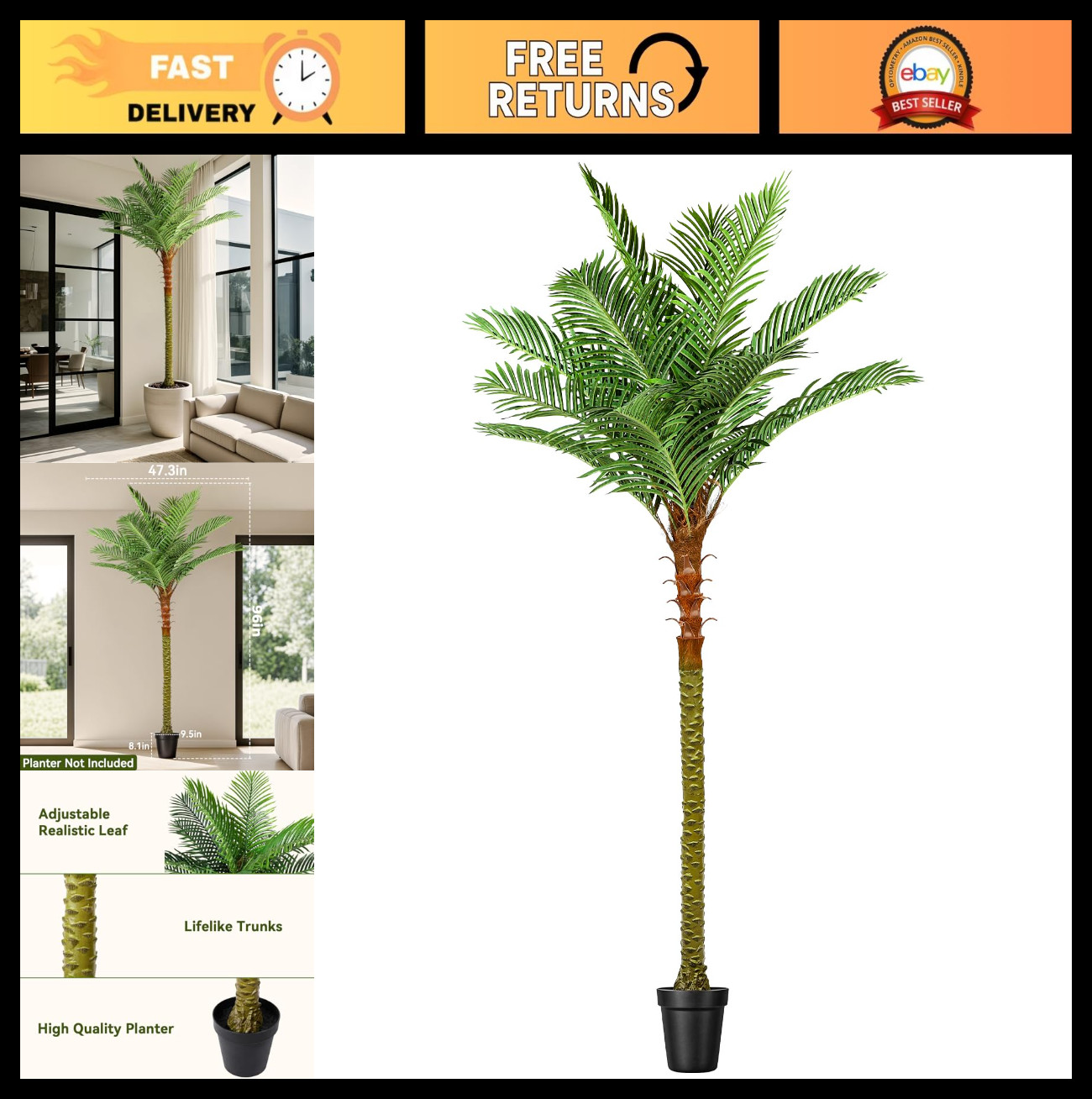 8ft Artificial Palm Tree – Tall Faux Tropical Plant with Adjustable Leaves for I