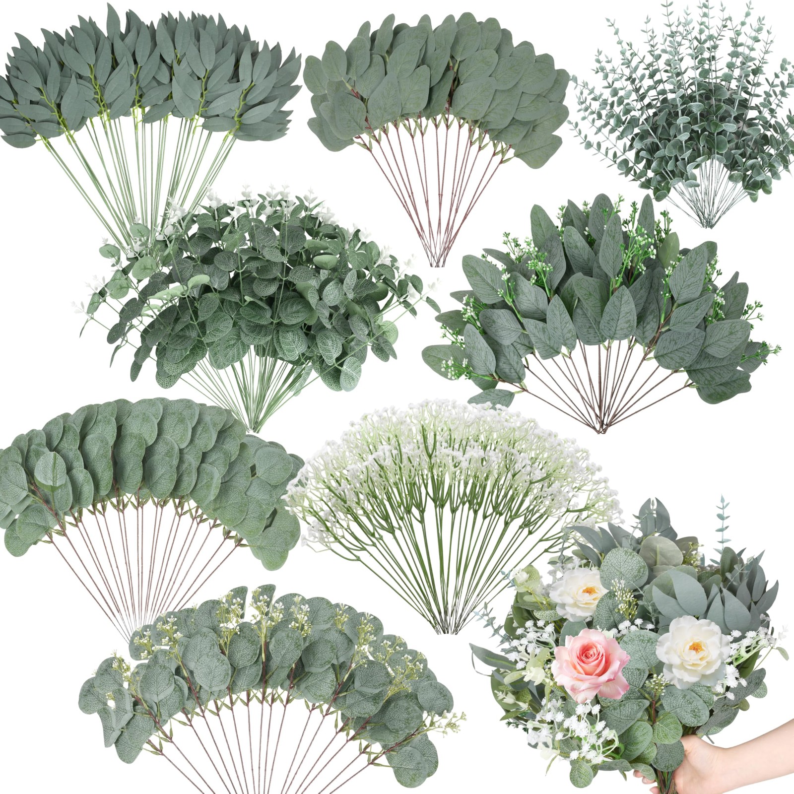 200 Pcs 8 Kinds Mixed Artificial Eucalyptus Stems Bulk Fake Silver Dollar Euc…