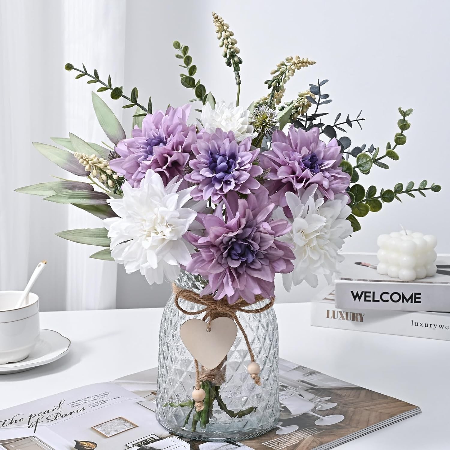 Fake Flowers in Vase with Lights, Faux Flowers in Vase, Dahlia Artificial Flo…