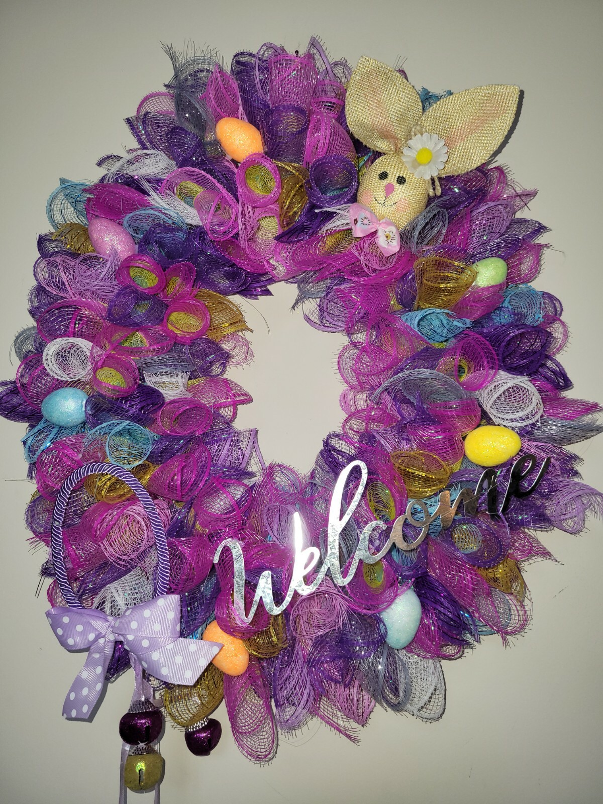 Welcome EASTER egg basket blue yellow purple pink SPRING Wreath Deco Mesh Door