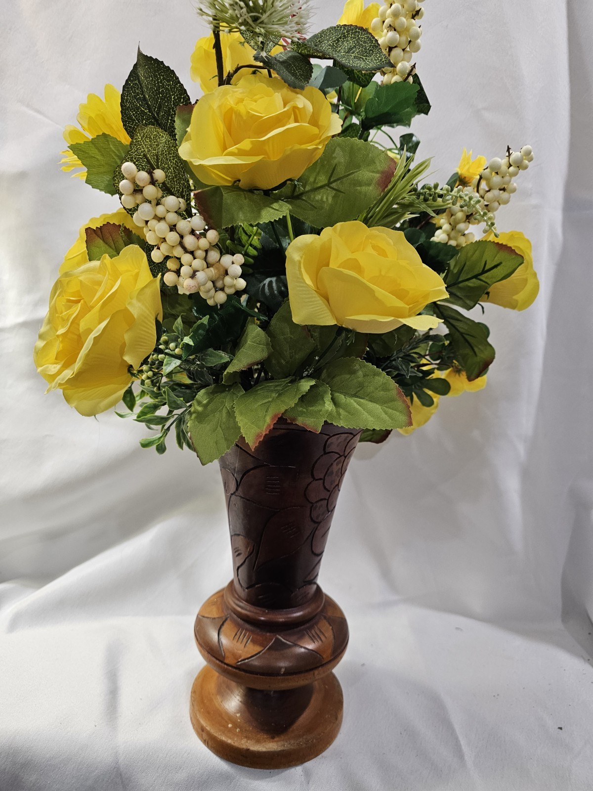 Beautiful Yellow Rose Floral Arrangement in unique handcarved Vase 22″ H x14″ W