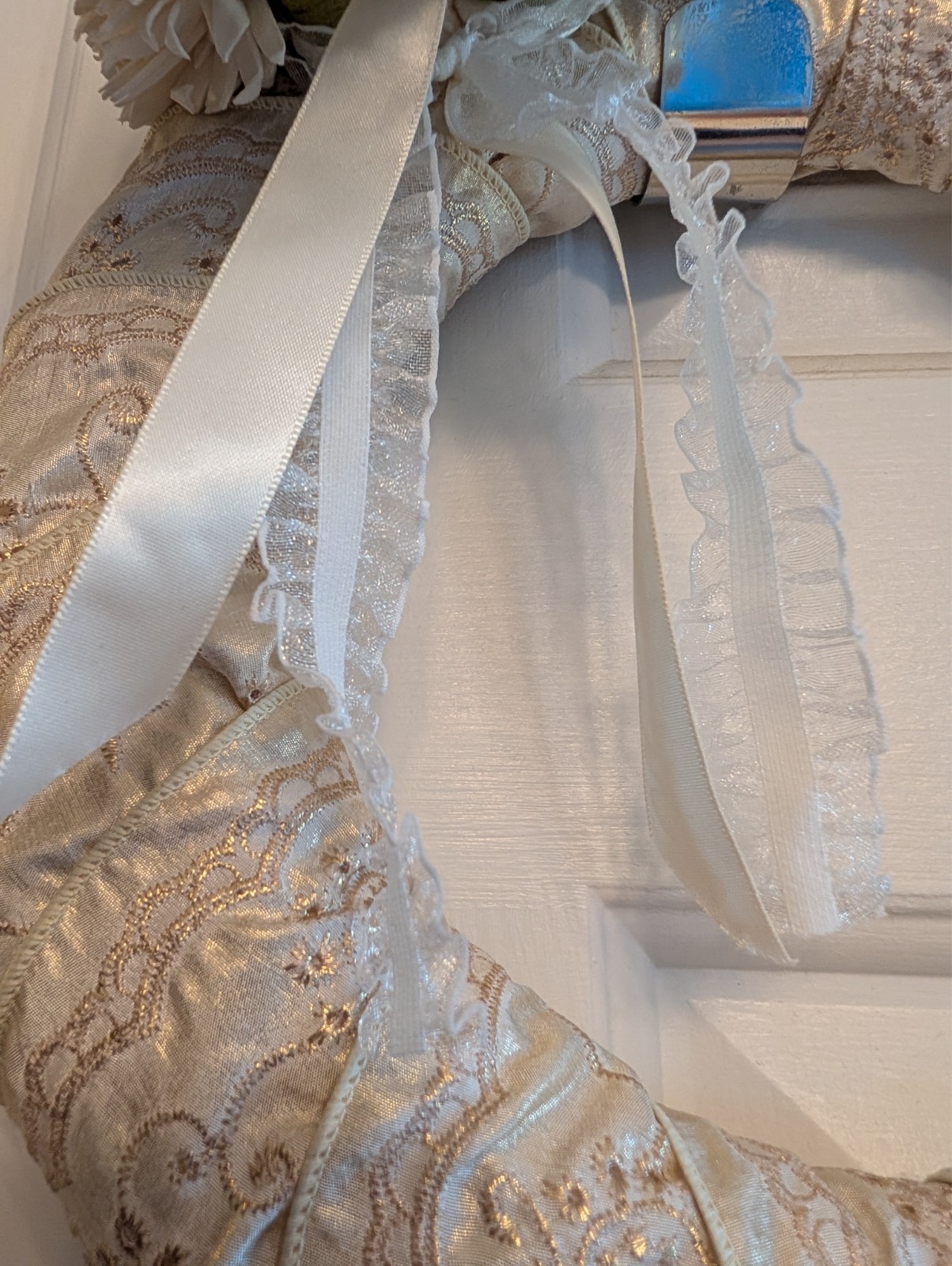 11″ handmade wreath gold, cream & white colored ribbon flowers wall decor