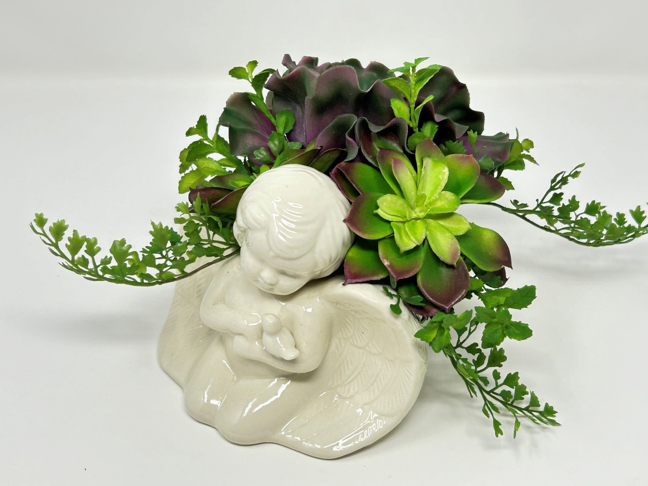 VINTAGE Ceramic CHERUB Angel planter with Artificial Echeveria Succulents & Fern
