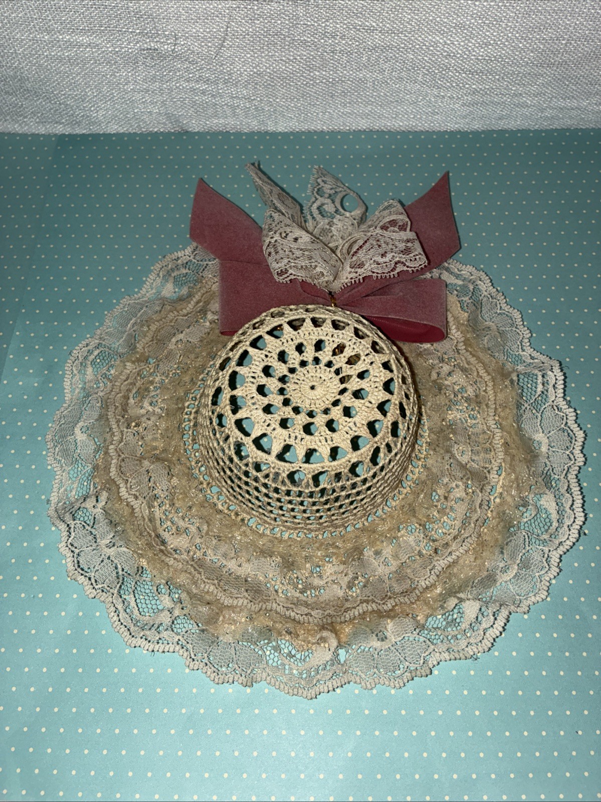 Vintage Hat With Lace And Bows Wall Decor 8” Cottagecore