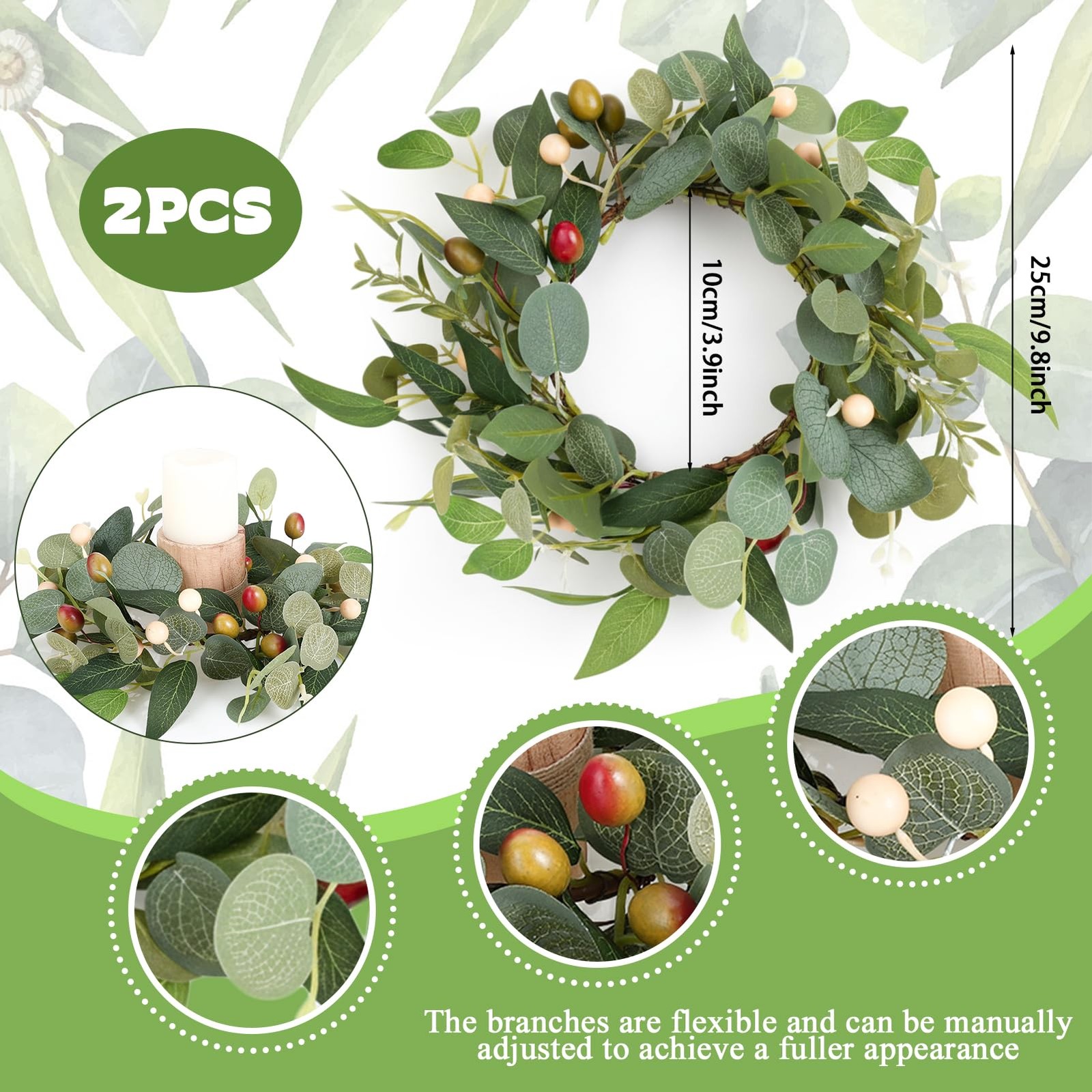 2 Pcs 4 Inch Mini Eucalyptus Wreaths for Candles, Summer Candle Rings with Ol…
