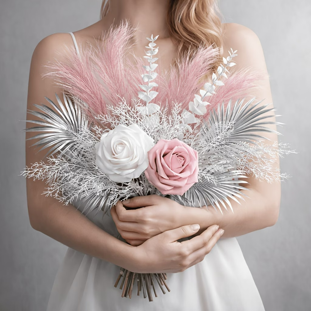 Pink and White Rose Artificial Flower Bouquet with Silvery Feather Decorations.