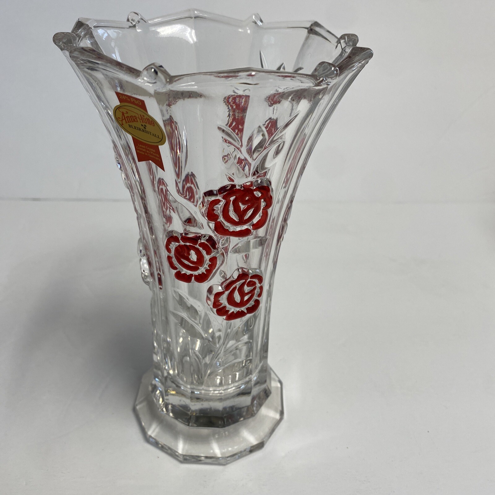 Anna Hutte Bleikristall Lead Crystal Clear /redVase 24% BPO 7.5” Made in Germany