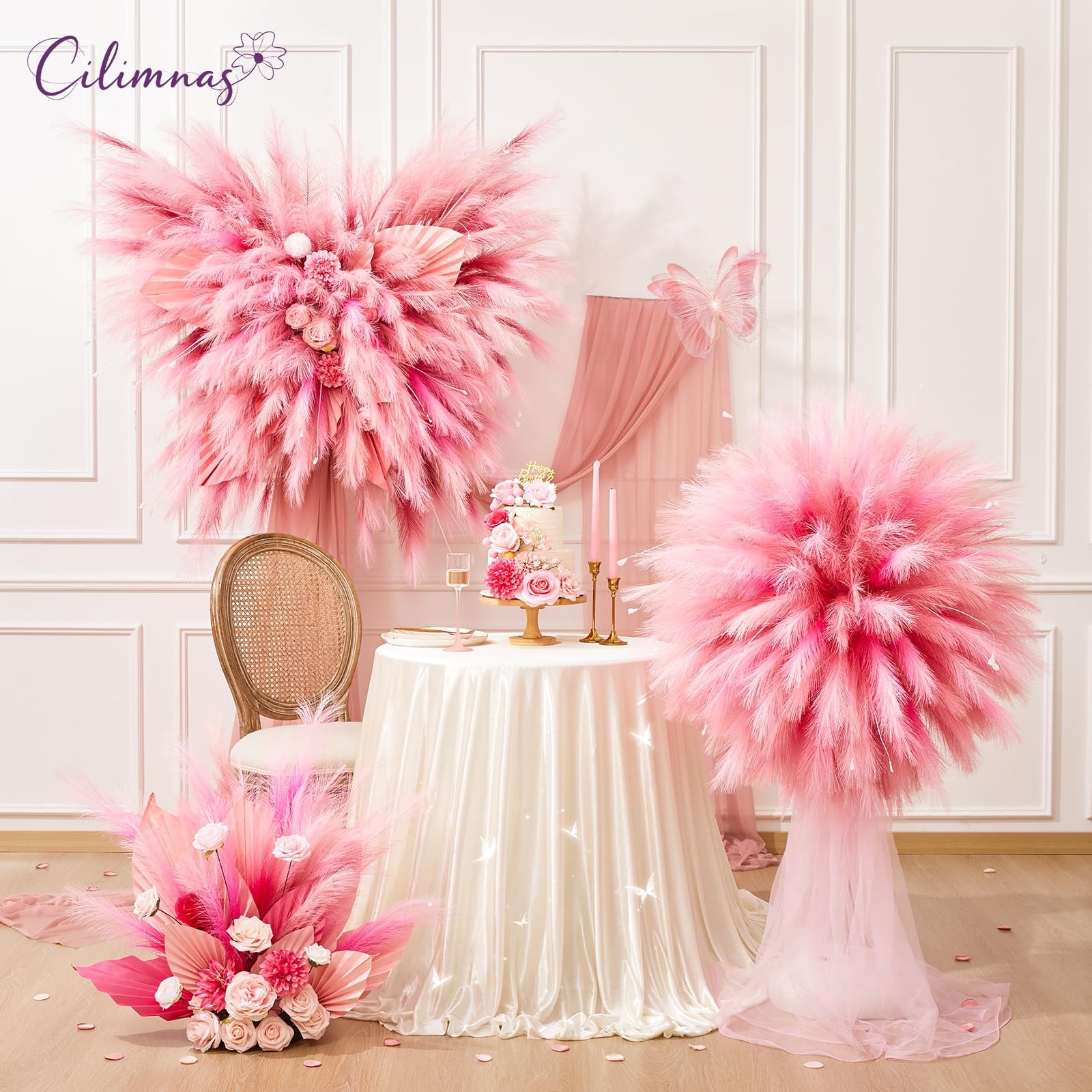 Faux Pampas Grass Artificial Fluffy Decor Gridient Pink 17.7 Inch 50 PCS