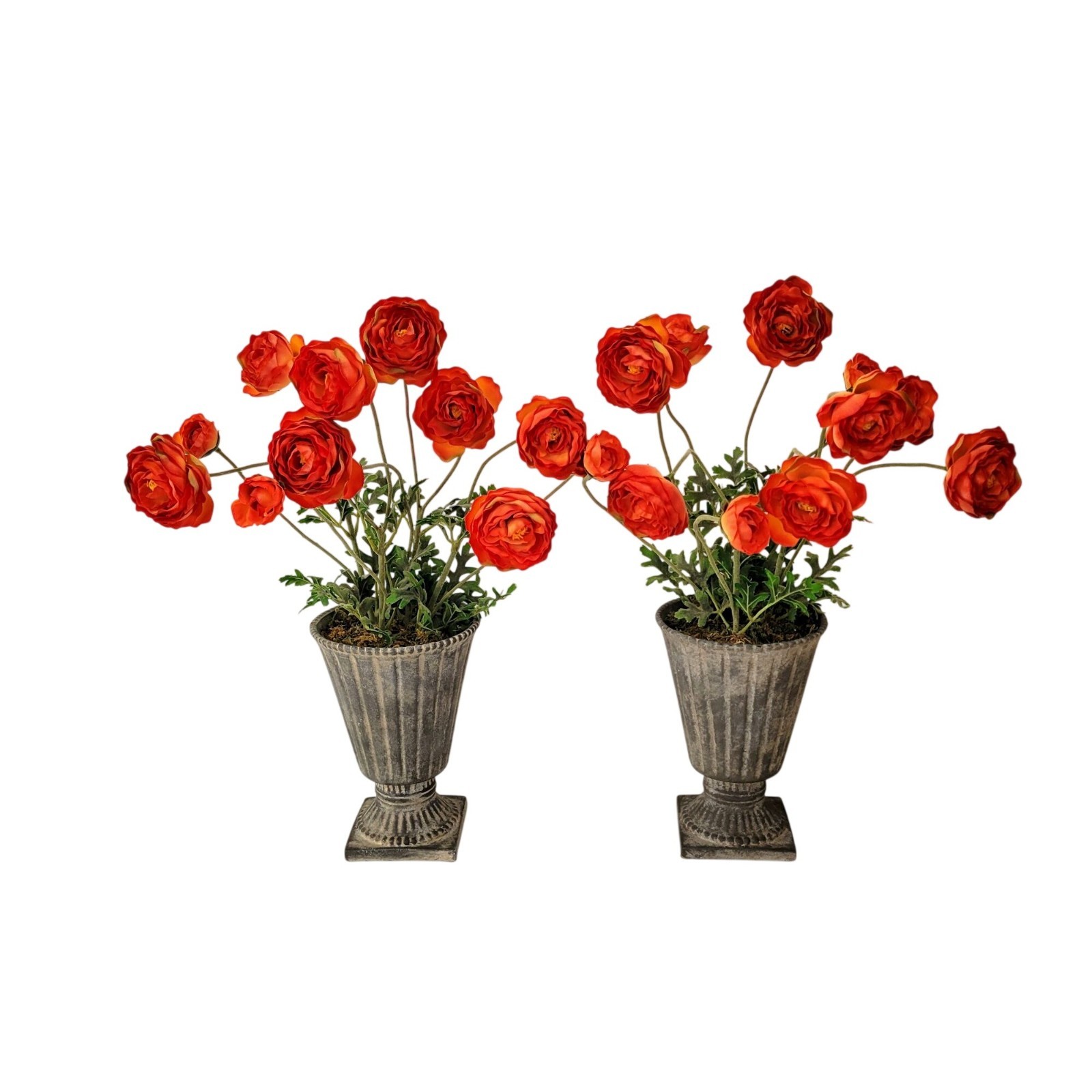 Pair Of Artificial Ranunculus Flowers In Aged Metal Look Ceramic Urn Planters Vi