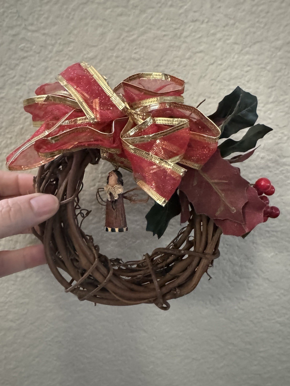 Mini Wreath 5.5” Christmas Ornament Decor Angel Red Bow Holly Classic #CO