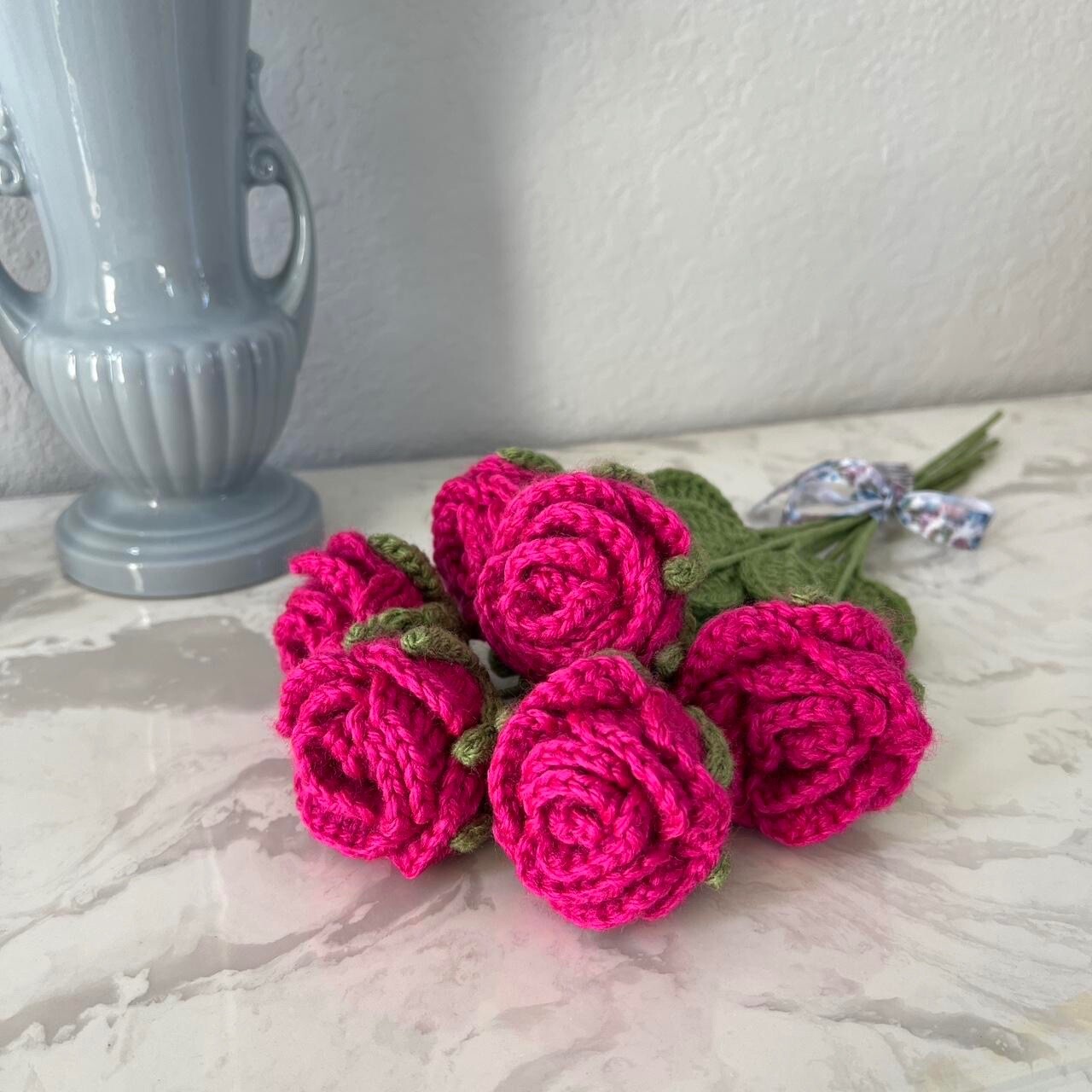 Handmade Crochet Knitted Hot Pink Fuchsia Half Dozen Rose Flower Bouquet 6 Stems