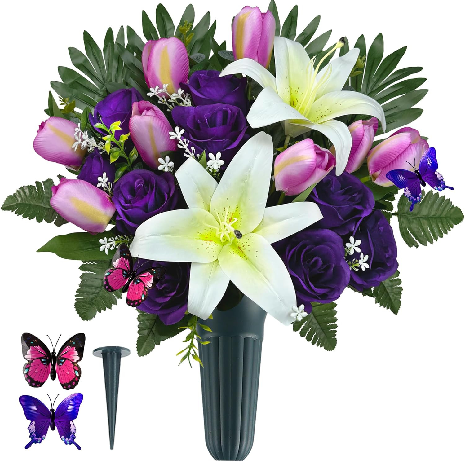 Cemetery Flowers with Vases for Grave Decor Silk Lily Rose Tulip Headstone Flowe