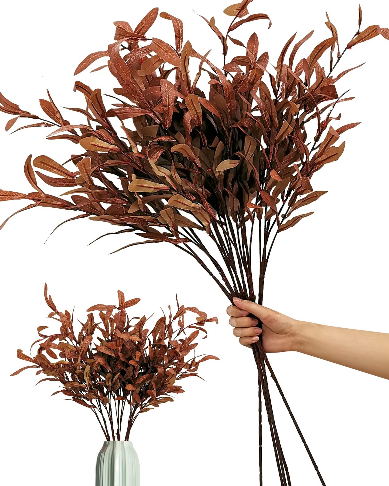 5Pcs Fall Artificial Olive Leaves, 37″ Long Stems Silk Greenery Autumn Eucaly…