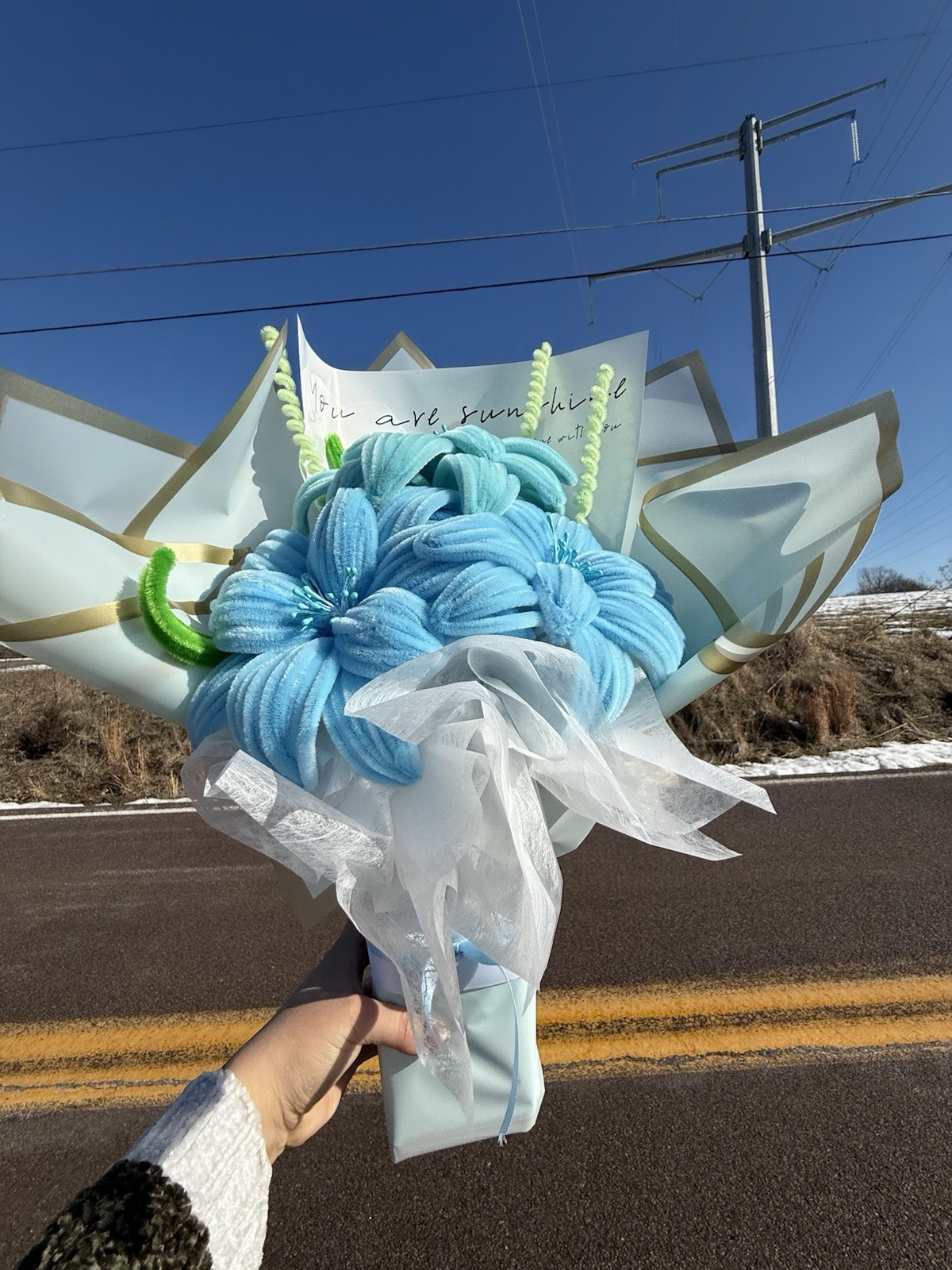 Allesbloomboutique Artificial Flower Bouquet Blue Green White Fabric Arrangement