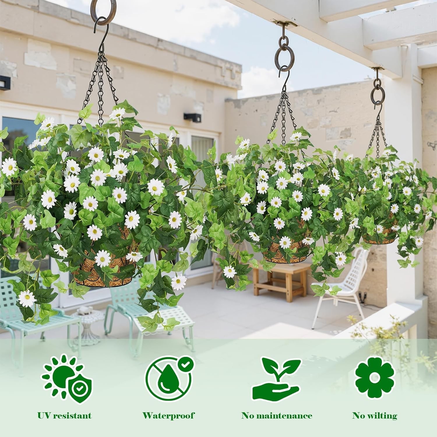 2 Pack Artificial Hanging Flowers with Baskets for Outdoors UV Resistant Fake…