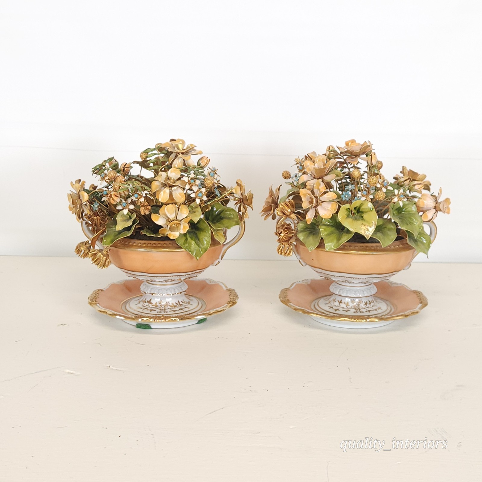 Pair Jane Hutcheson for Gorham Apricot Teacup & Saucer Floral Arrangement