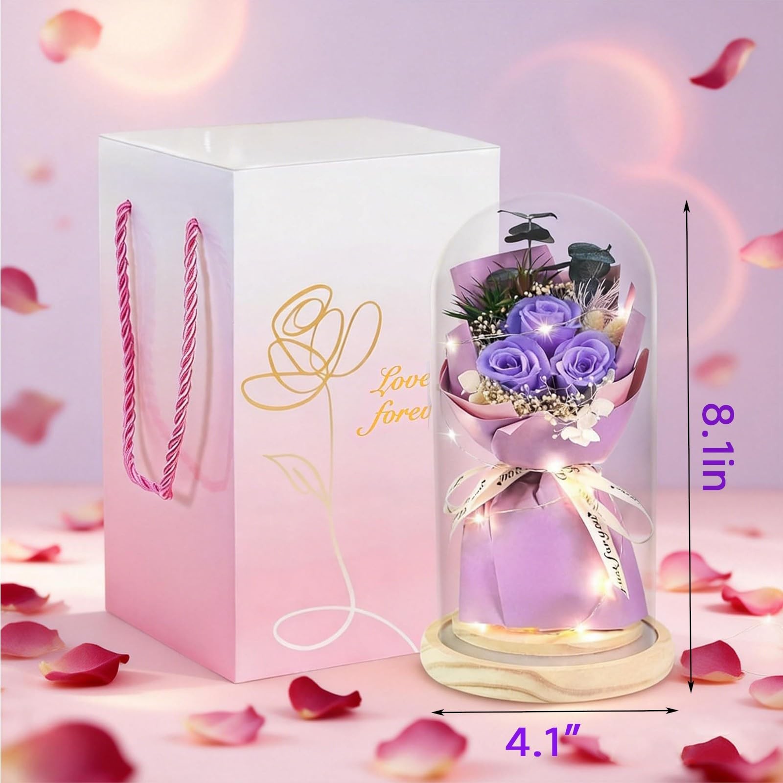 Preserved Flowers Bouquet in Glass Cloche Display Dome, Forever Purple Roses …