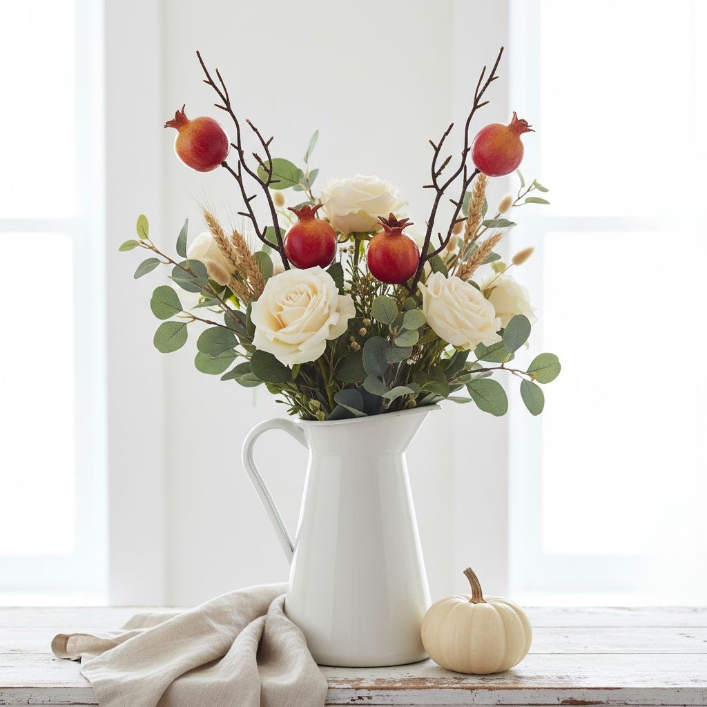 Artificial Pomegranate Stem Set Faux Fruit Branch Fall Decor Rustic Floral Pick