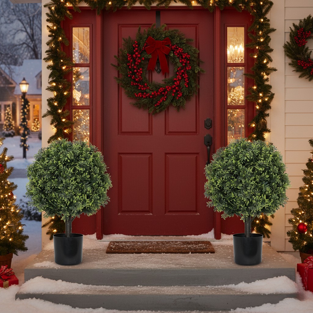 2PCS 22in Artificial Boxwood Topiary Ball Trees, Potted Indoor Outdoor Decor