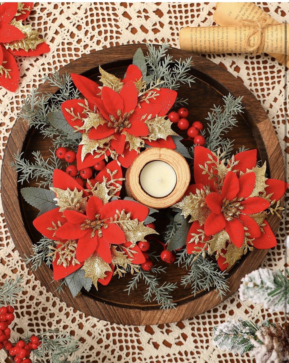 12pc Red/Gold Articial Glitter Poinsettia Flowers Clips & Stems Christmas 5.5in