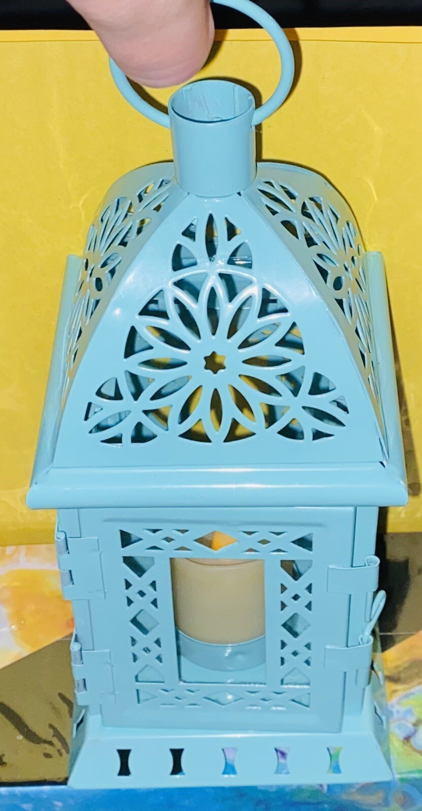 Moroccan Glass and Metal Lantern Indoor/Outdoor Decor w/ Baytery Candle