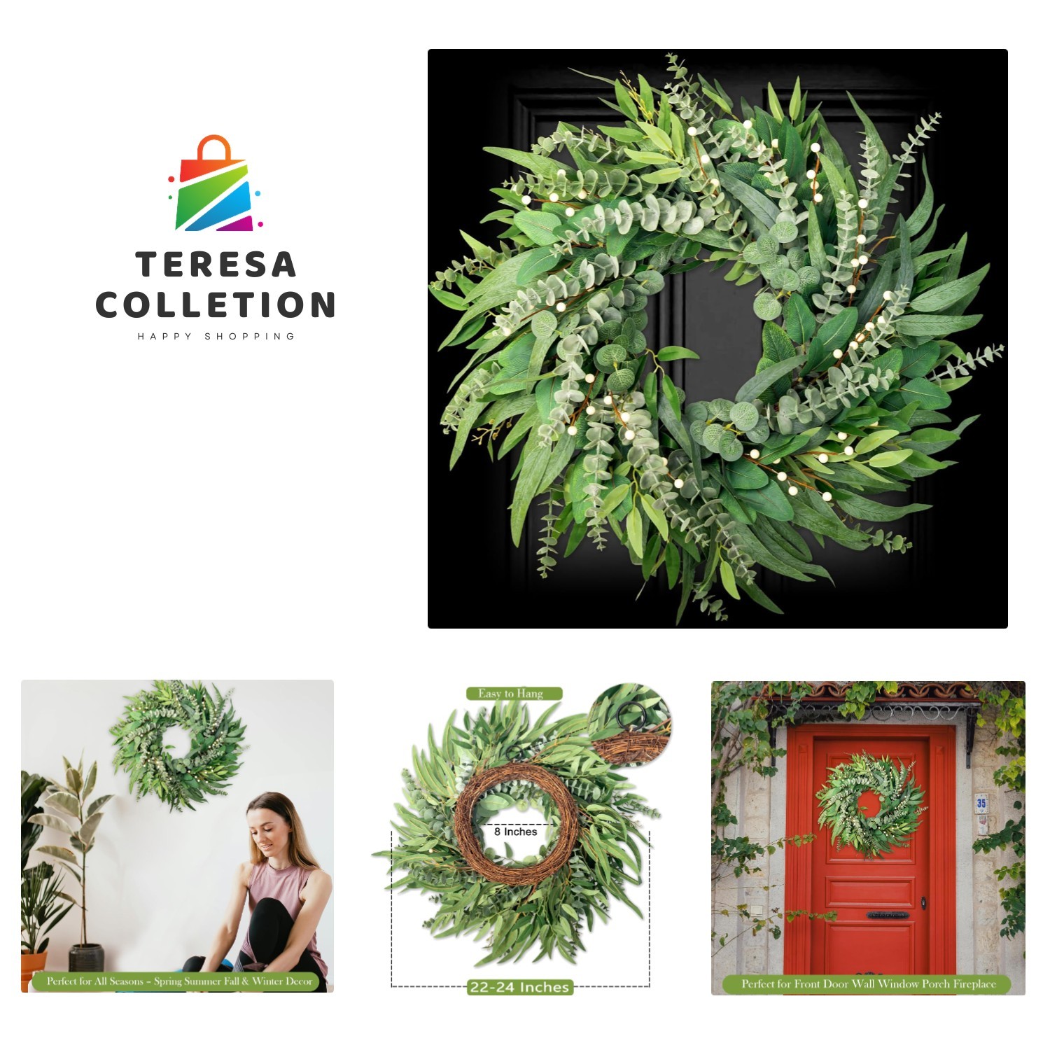 Farmhouse Style 22″ Green Eucalyptus Wreath – Perfect Gift for All Occasions