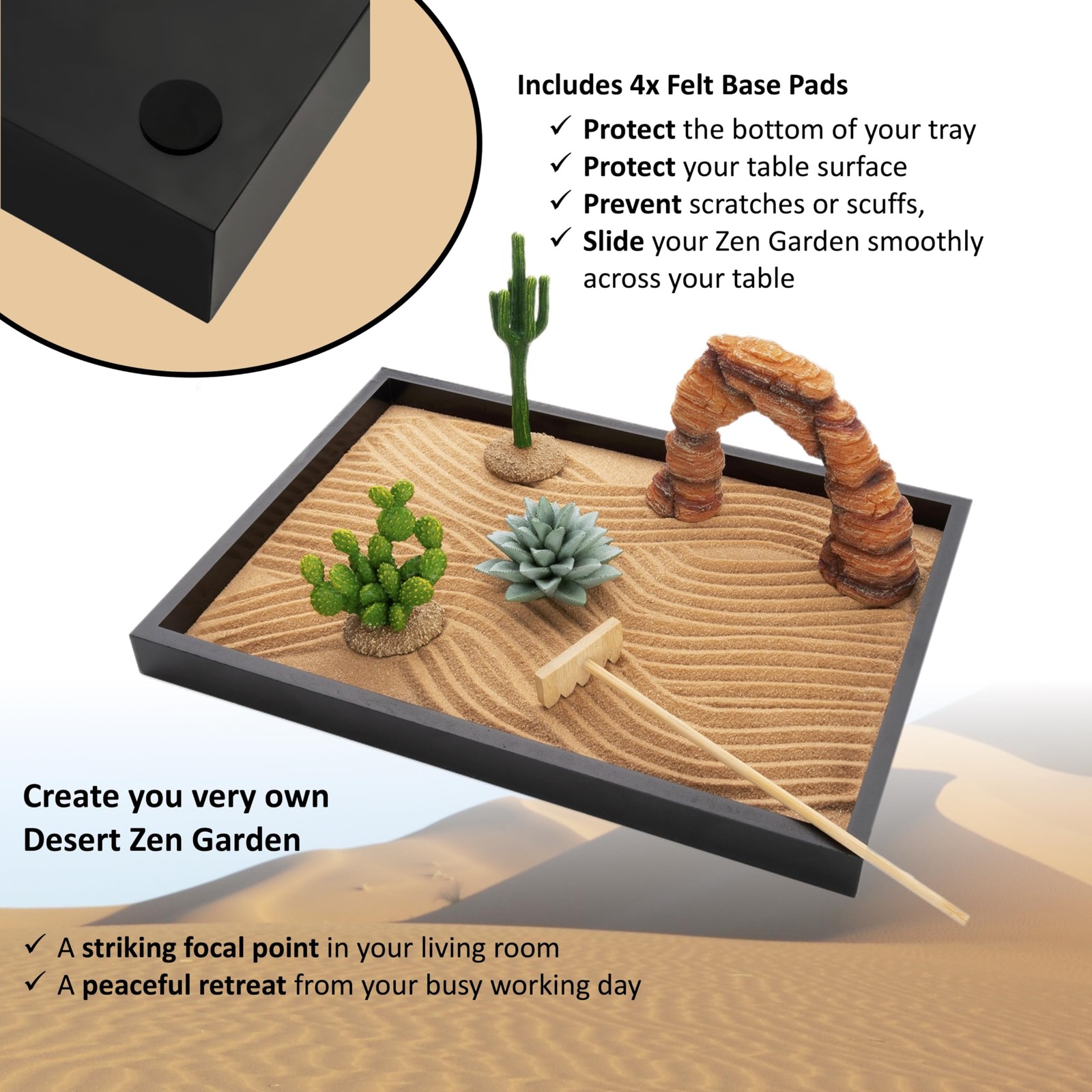 Desert Zen Garden Kit. Premium Home Cactus Decor. 11×8 Sand Tray. 4 Artificia…