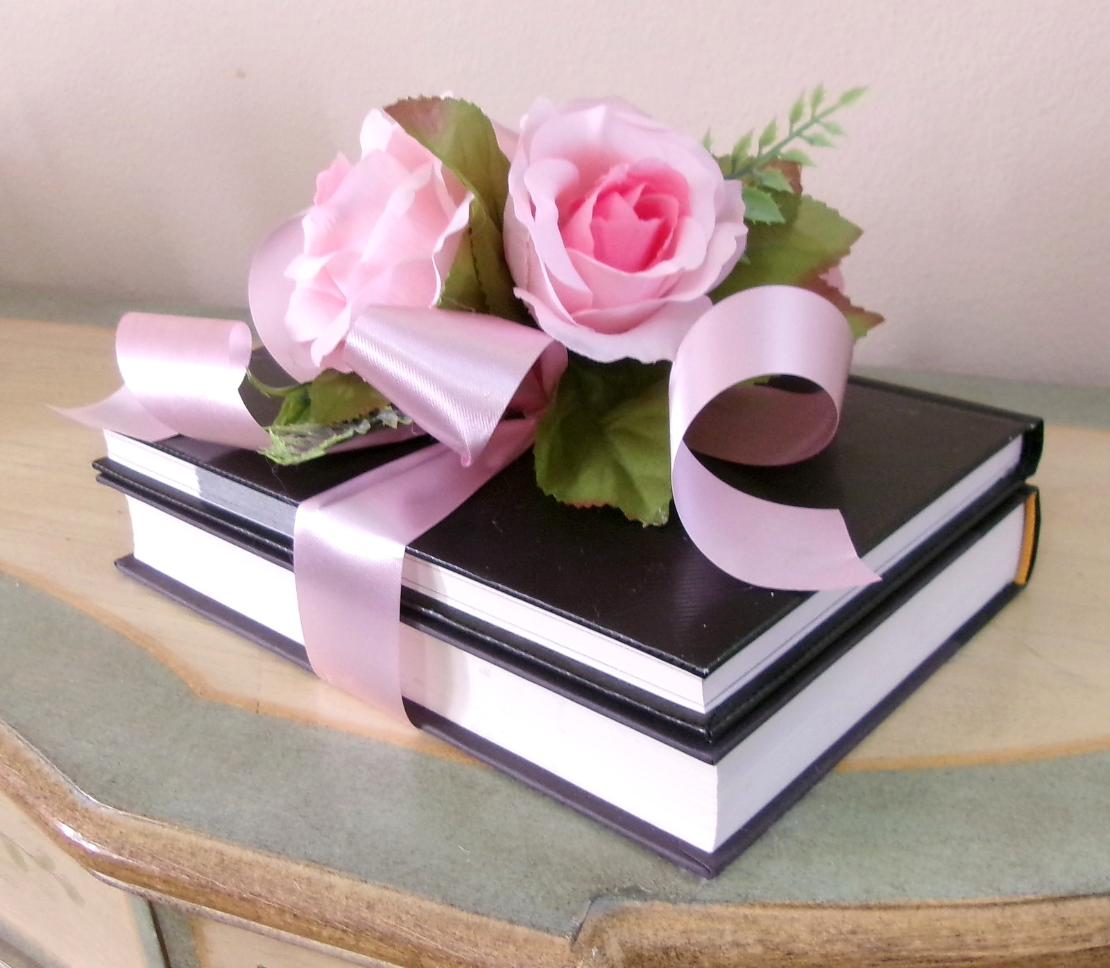 Decorative Book with Silk Pink Roses Accent Arrangement New