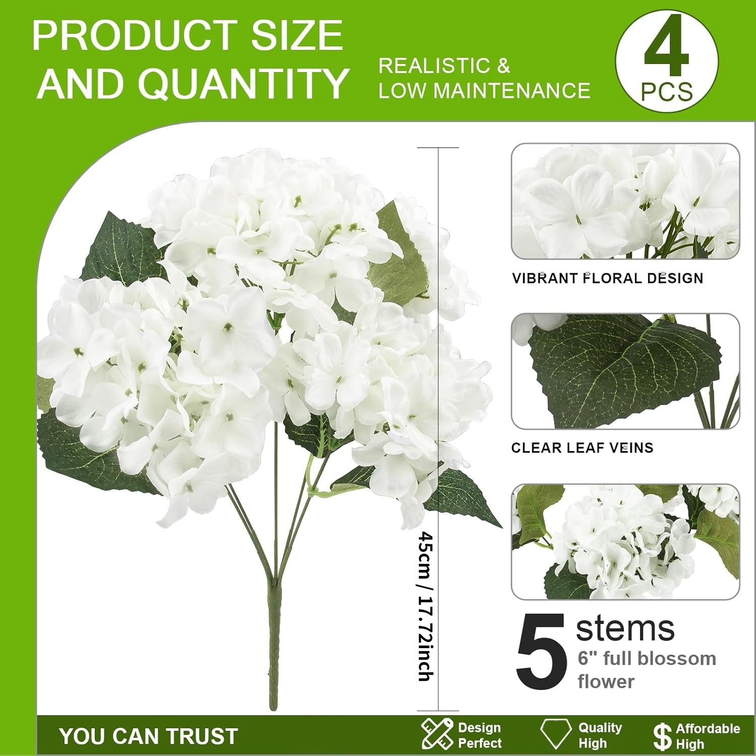 4 Pcs Artificial Hydrangea Flowers Bouquets, UV Faux Silk8201