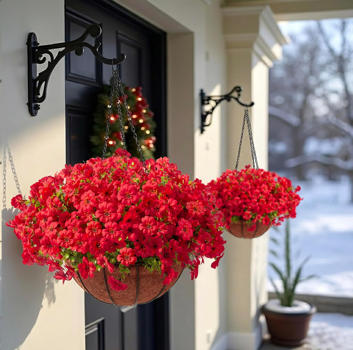 24 Pcs Red Artificial Flowers in Hanging Baskets for Outdoor Decor – 2 Pack