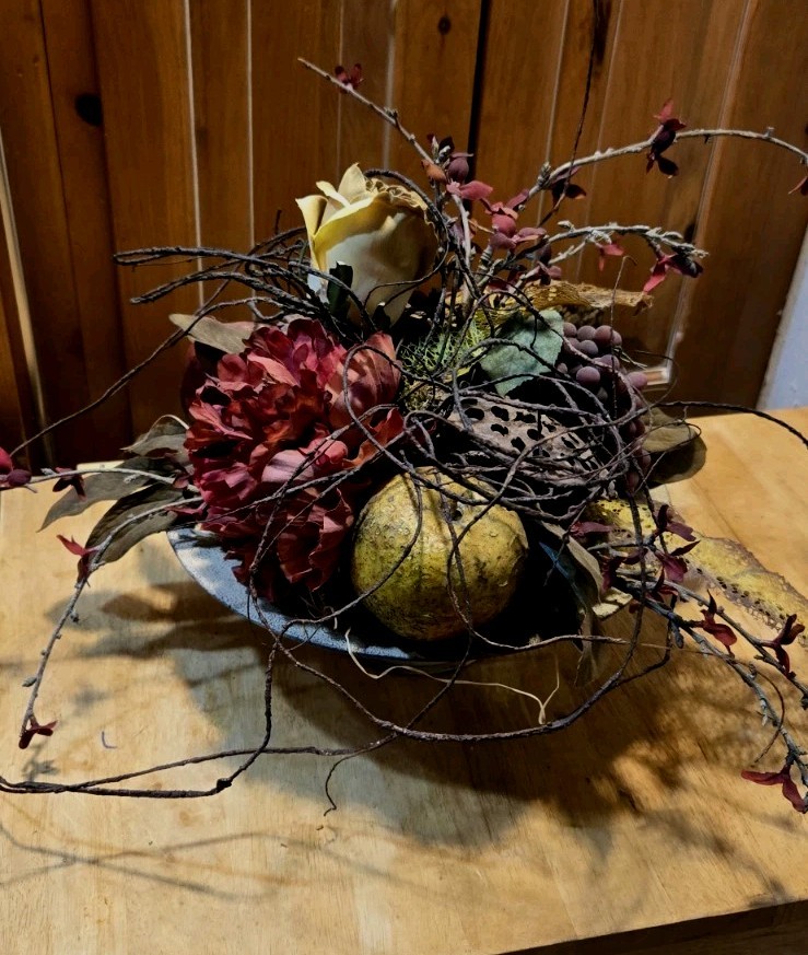Arrangement of Dried Fruits & Flowers Centerpiece Metal Compote 14WX14WX13″Tall