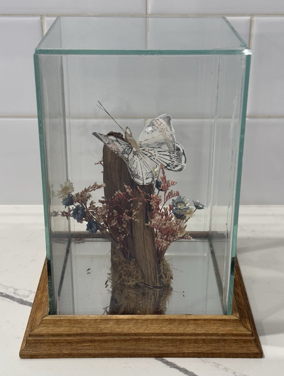 Glass Display Terrarium Butterfly (Faux) Dried Florals Wood Base CottageCore