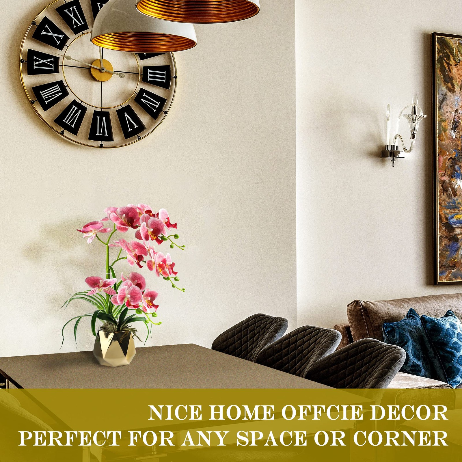 Artificial Pink Orchids Fake Flowers In Gold Vase Pot Home Decor Indoor Floral
