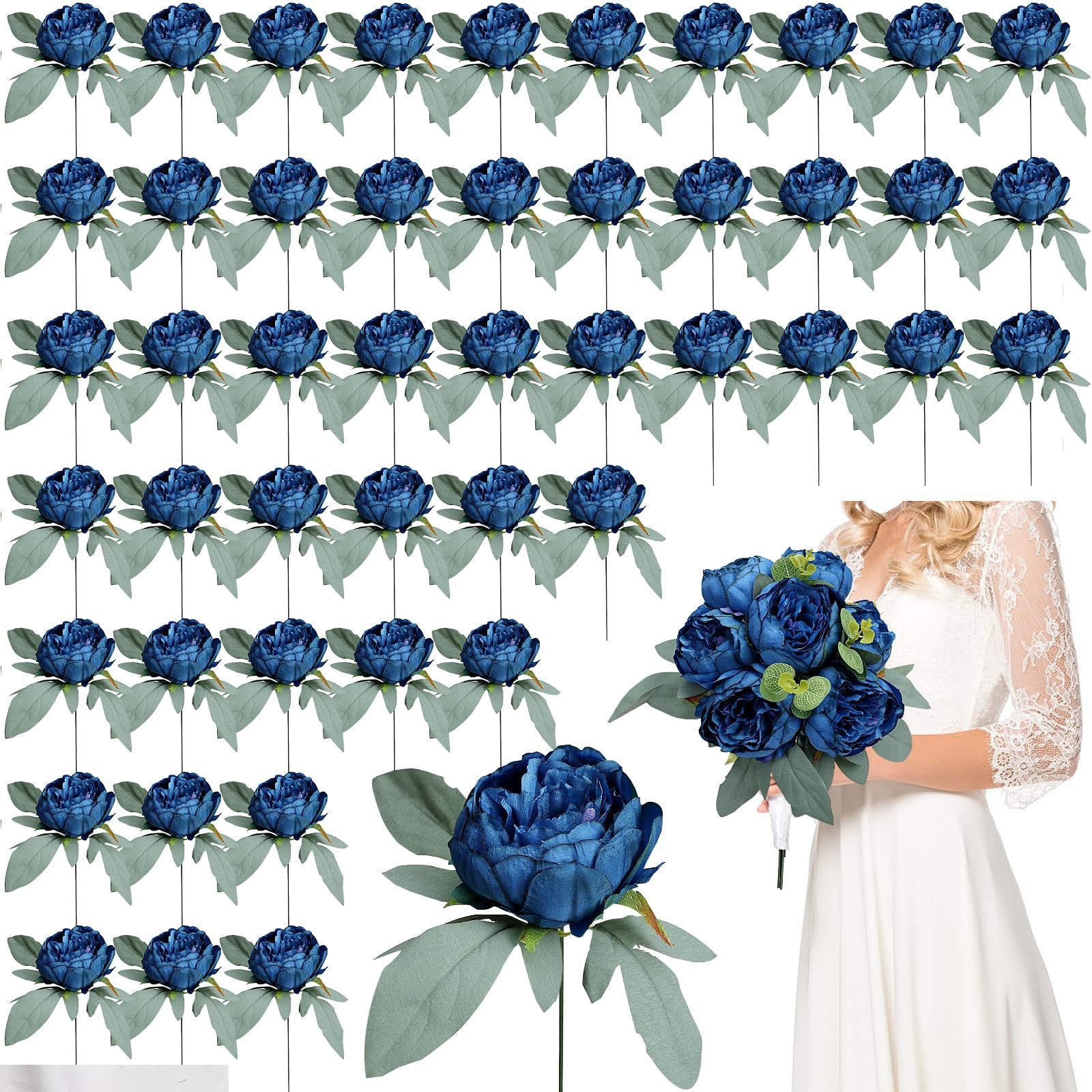 50 PCS Artificial Navy Blue Peonies Flowers Bulk Fake Silk Heads Wedding Decor