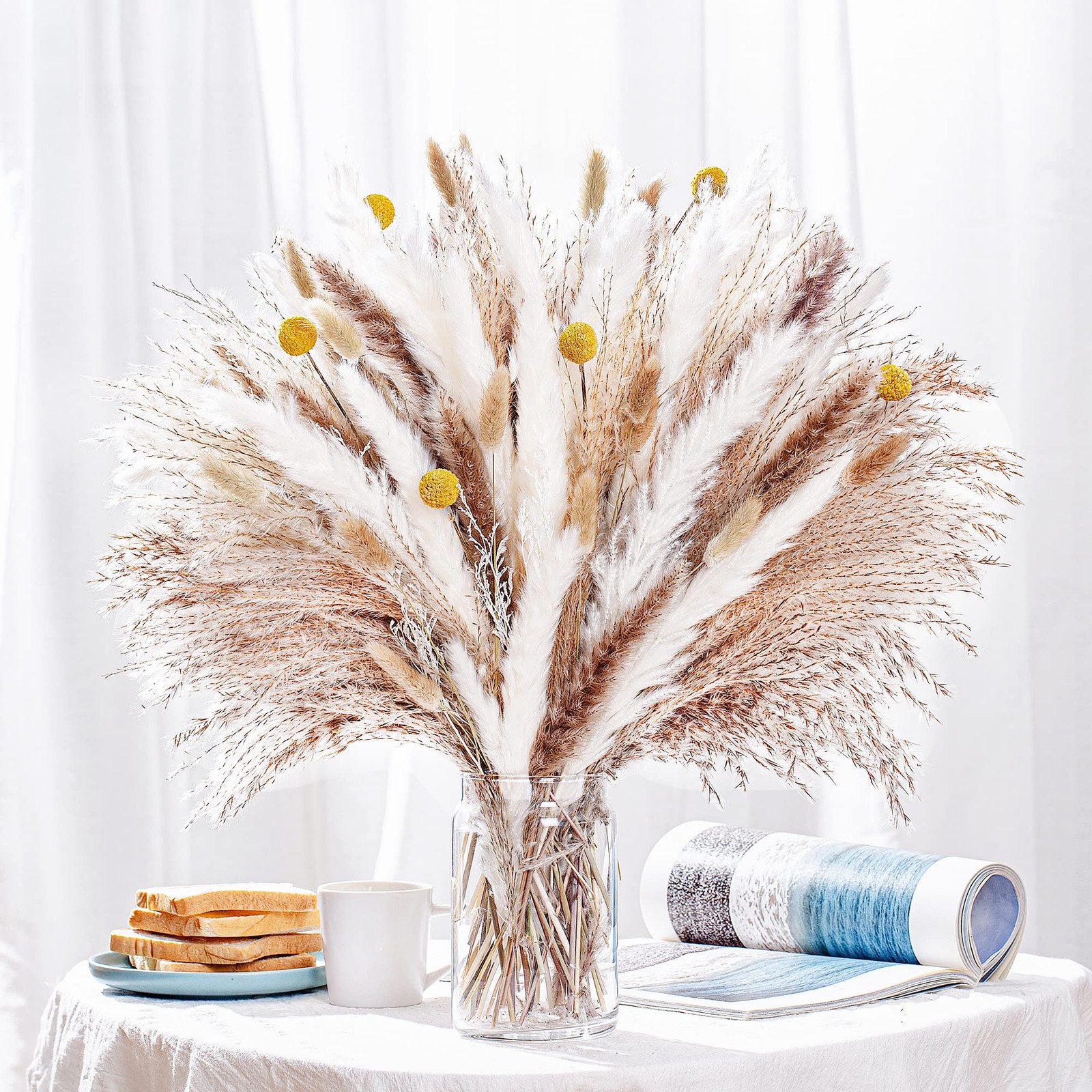 100PCS Natural Dried Pampas Grass Decor – 17.5″ Fluffy Pampas Grass Bouquet